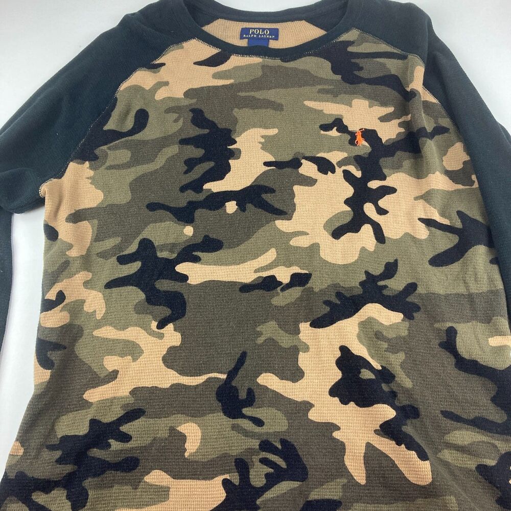 Polo Ralph Lauren XL Camo Thermal Shirt Waffle Knit Long Sleeve Orange Pony